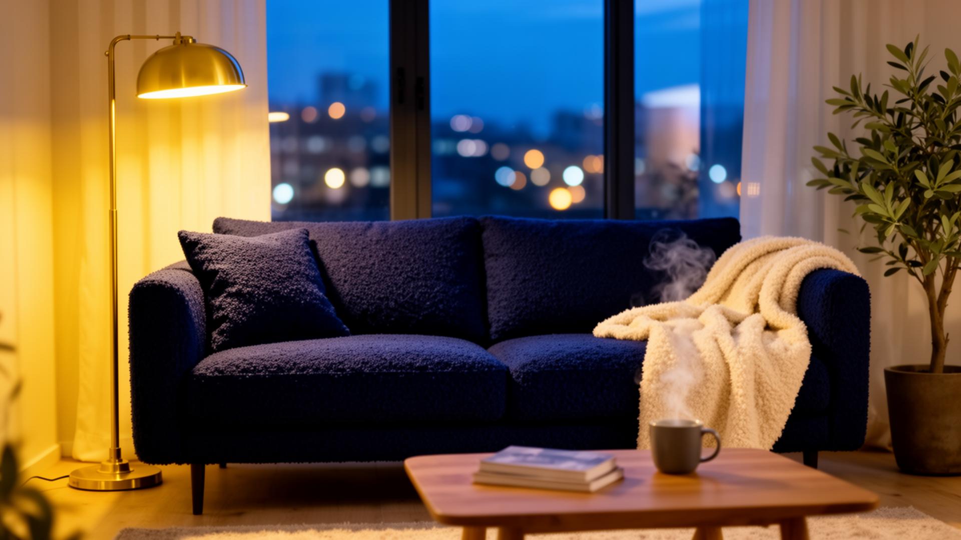 Modern soffa i ett kvällsljust vardagsrum